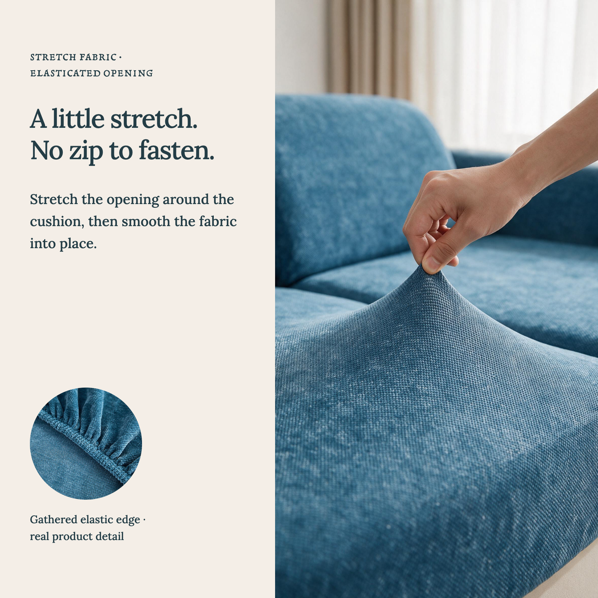Luma Serene Blue fitted sofa cushion covers — A little stretch. No zip to fasten.