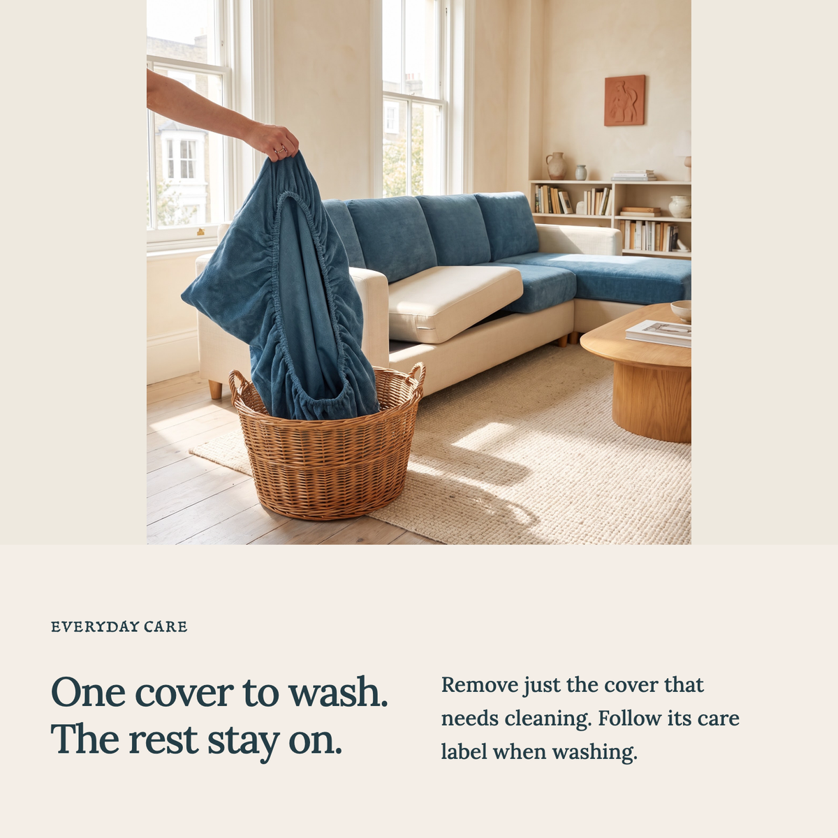 Luma Serene Blue fitted sofa cushion covers — One cover to wash. The rest stay on.