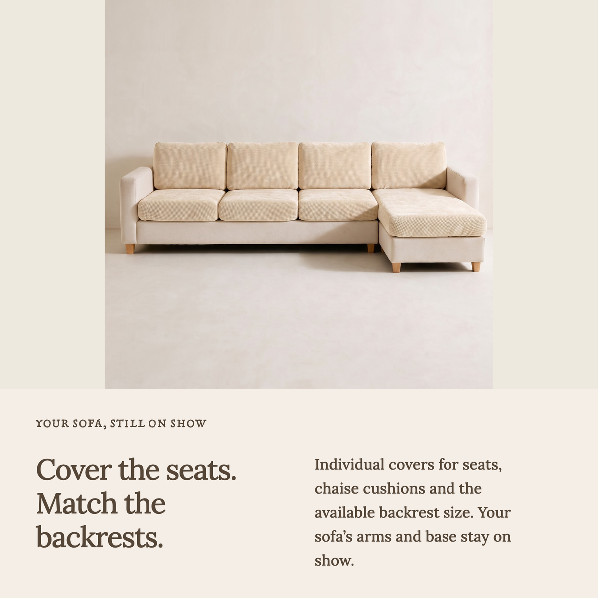Luma Beige fitted sofa cushion covers — Cushion-only coverage