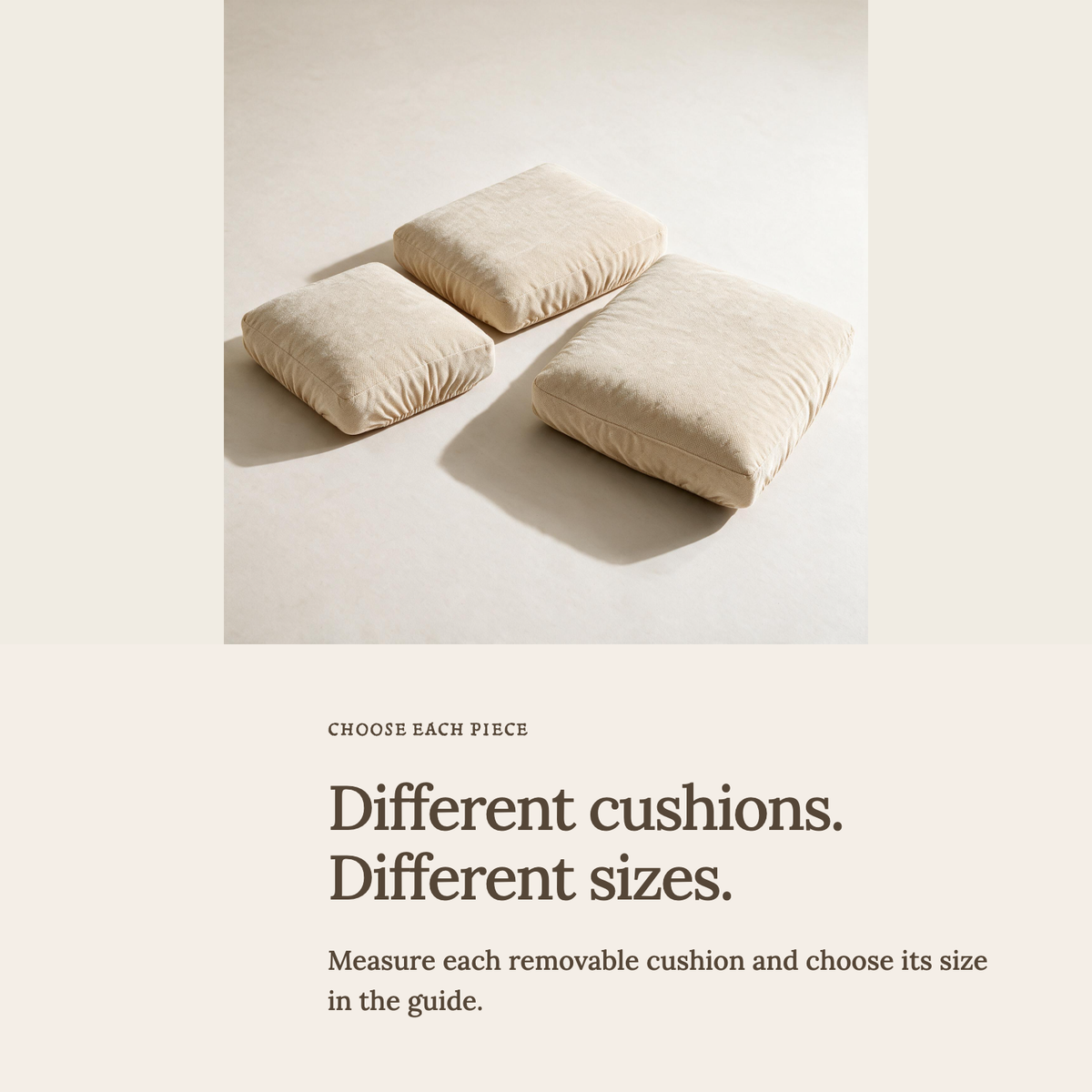 Luma Beige fitted sofa cushion covers — Choose the right cushion size