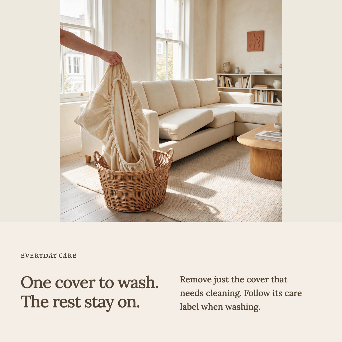 Luma Beige fitted sofa cushion covers — One cover to wash. The rest stay on.