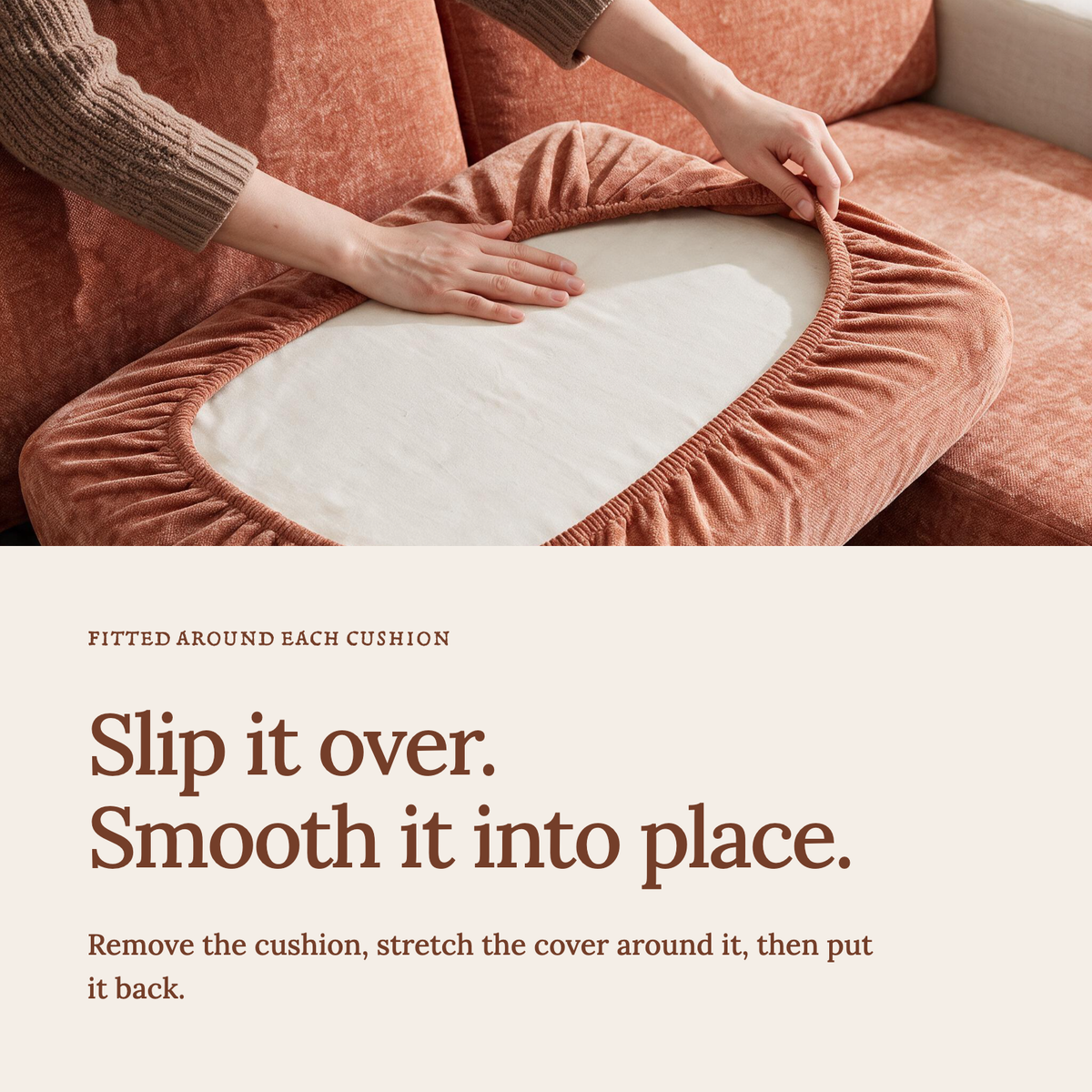 Luma Orange fitted sofa cushion covers — Slip it over. Smooth it into place.