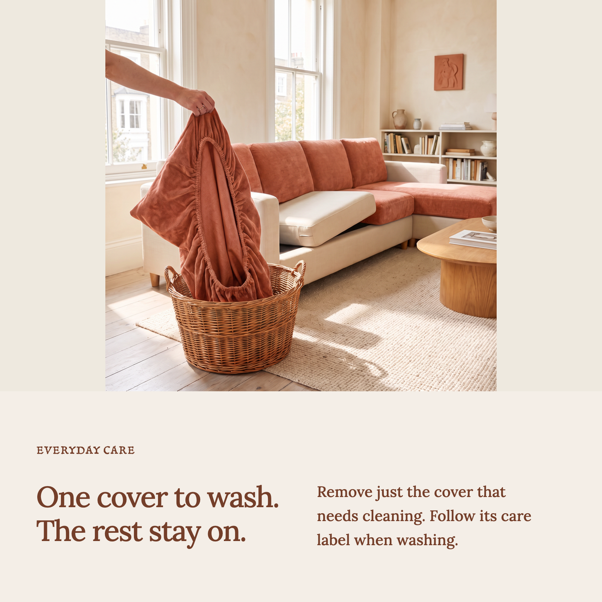 Luma Orange fitted sofa cushion covers — One cover to wash. The rest stay on.