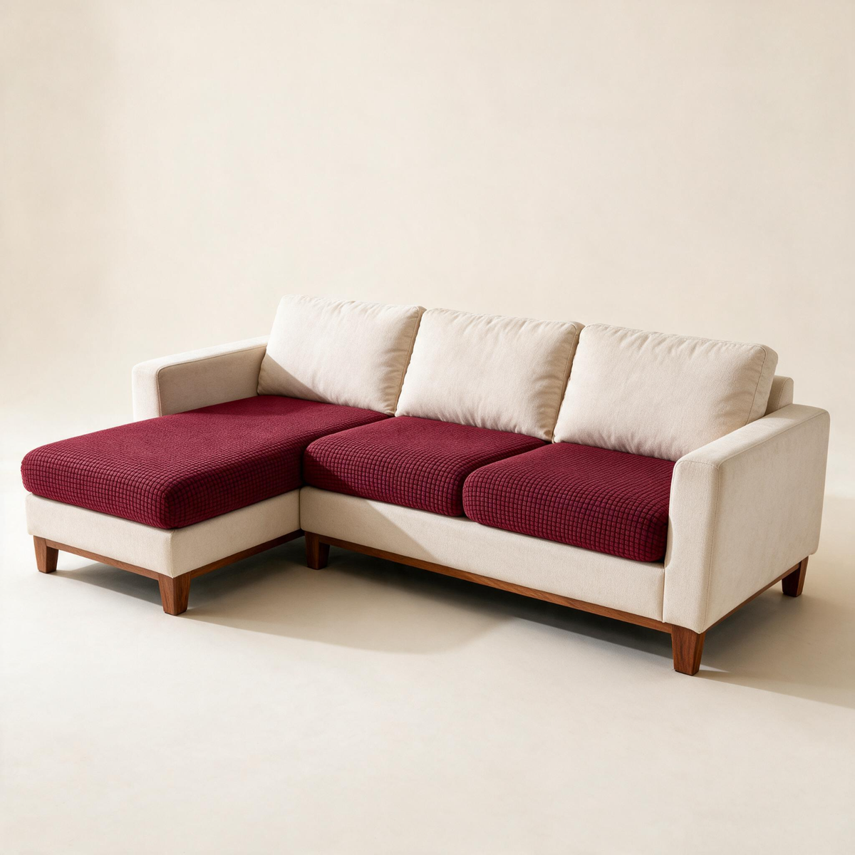 Jacquard Burgundy fitted sofa cushion covers — Studio hero