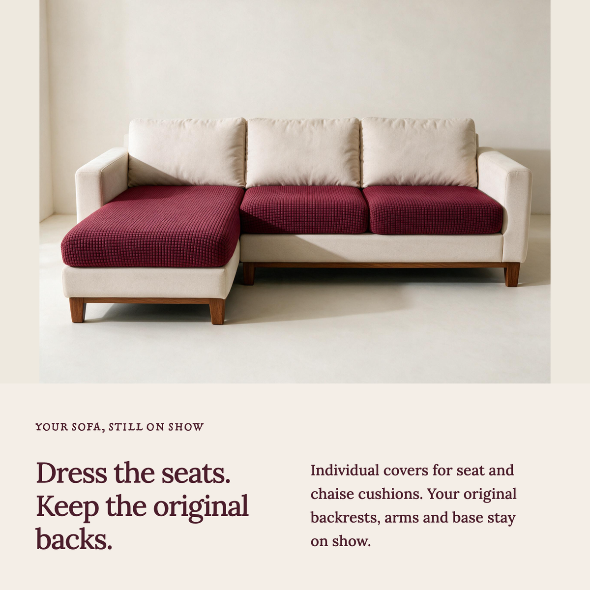 Jacquard Burgundy fitted sofa cushion covers — Cushion-only coverage