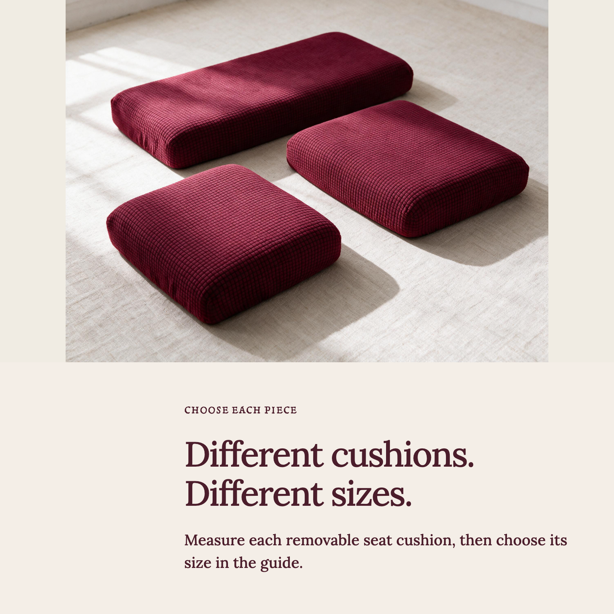 Jacquard Burgundy fitted sofa cushion covers — Choose the right cushion size
