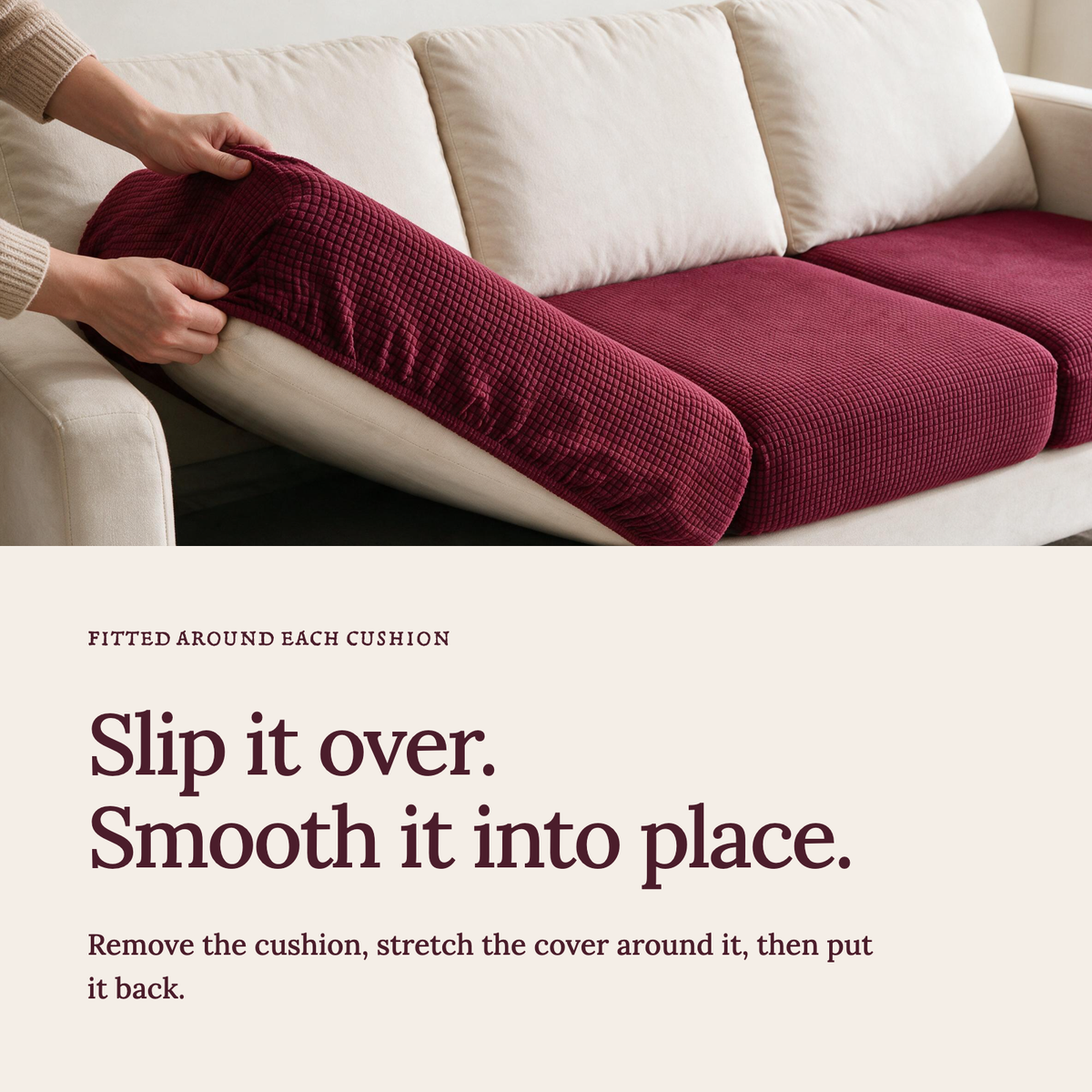 Jacquard Burgundy fitted sofa cushion covers — Slip it over. Smooth it into place.