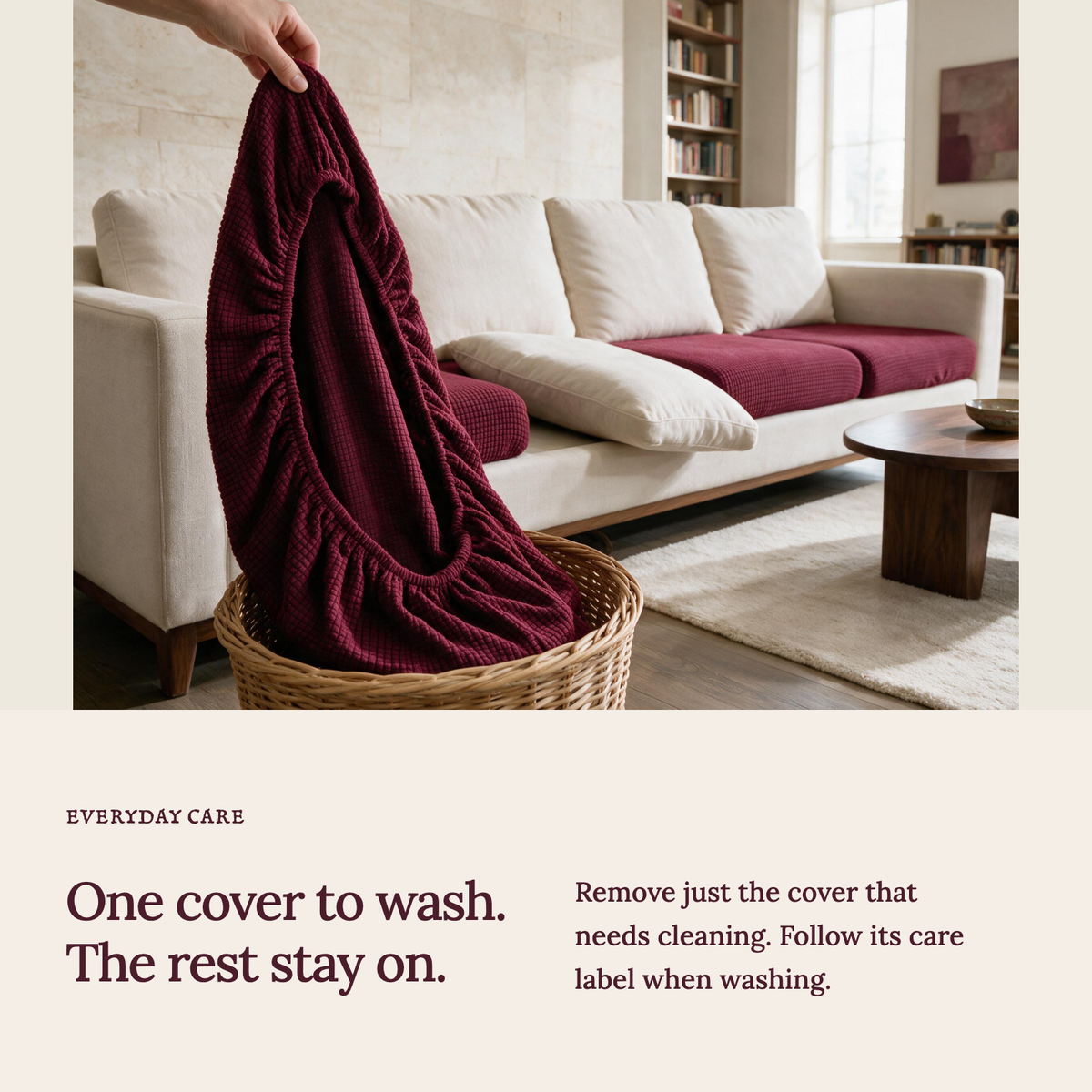 Jacquard Burgundy fitted sofa cushion covers — One cover to wash. The rest stay on.