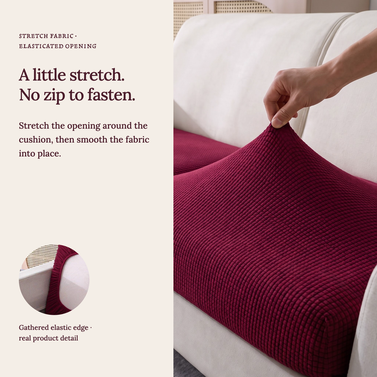 Jacquard Burgundy fitted sofa cushion covers — A little stretch. No zip to fasten.