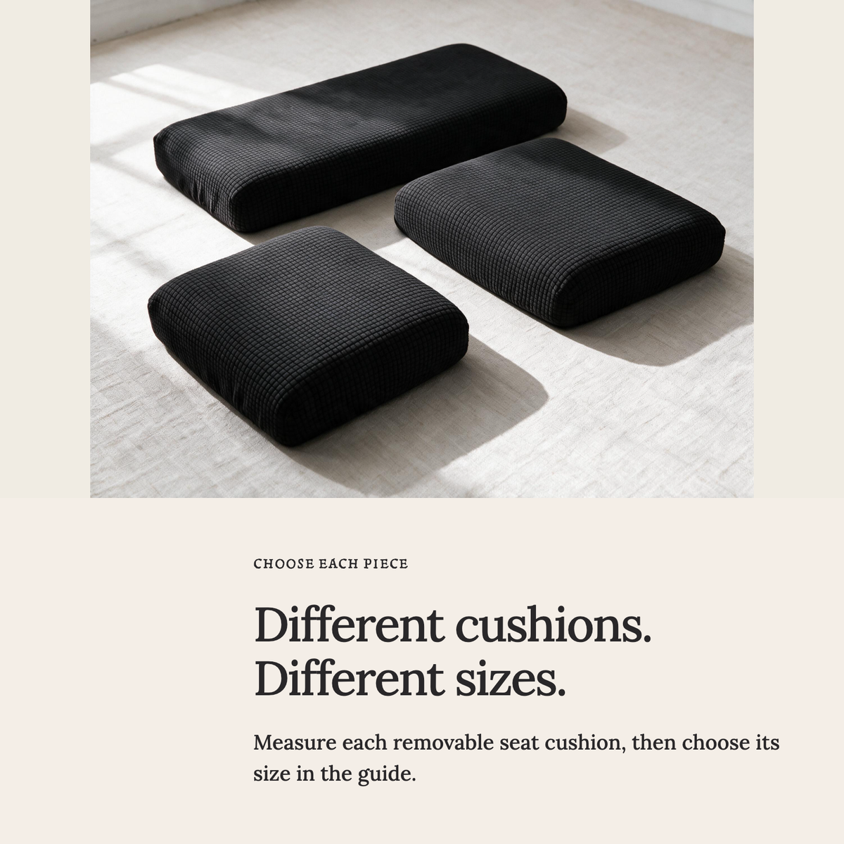 Jacquard Black fitted sofa cushion covers — Choose the right cushion size