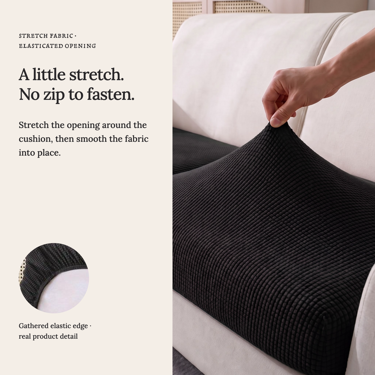 Jacquard Black fitted sofa cushion covers — A little stretch. No zip to fasten.