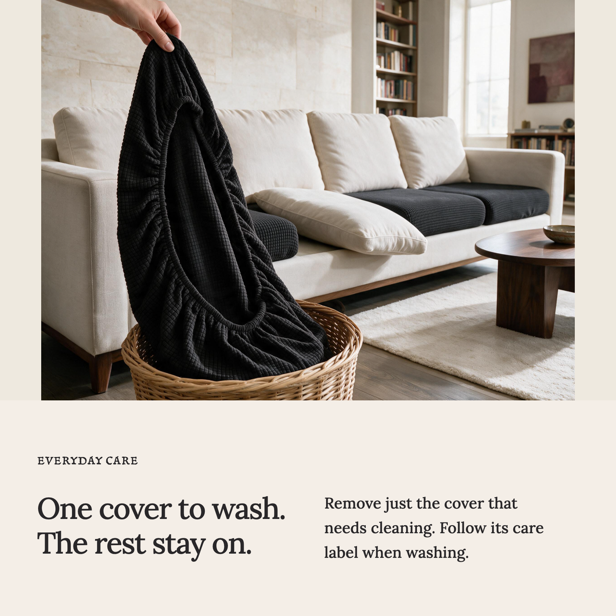 Jacquard Black fitted sofa cushion covers — One cover to wash. The rest stay on.
