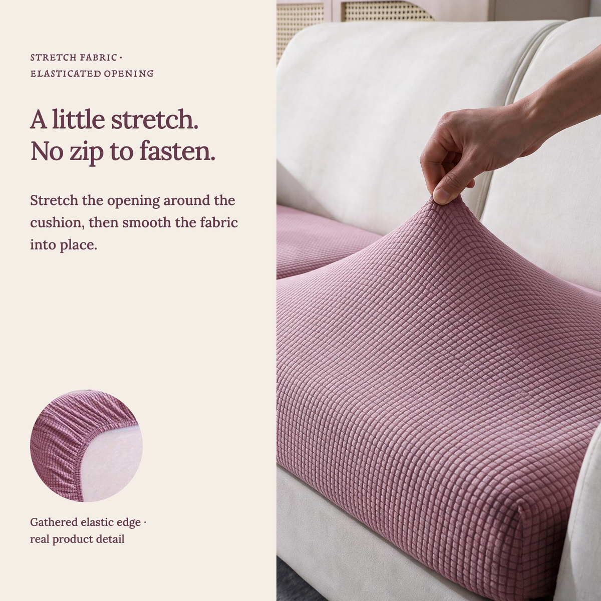Jacquard Pink fitted sofa cushion covers — A little stretch. No zip to fasten.