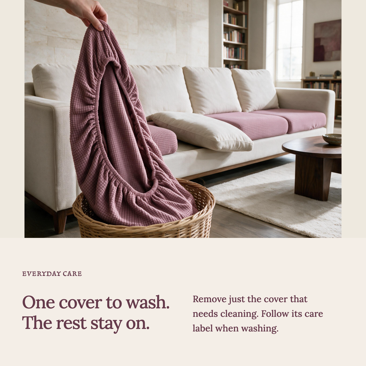 Jacquard Pink fitted sofa cushion covers — One cover to wash. The rest stay on.