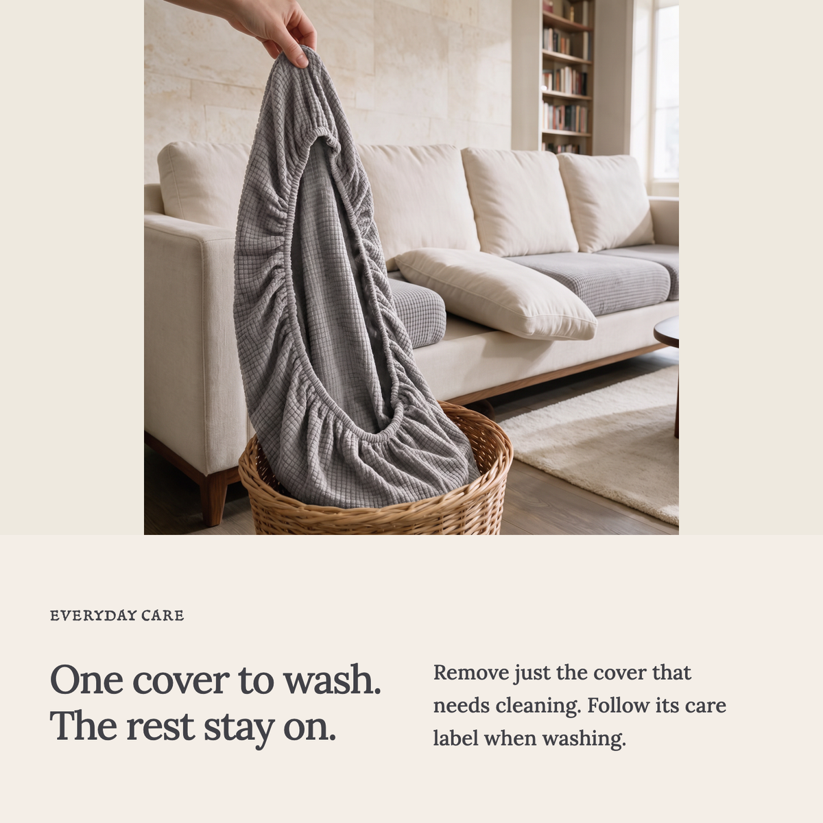 Jacquard Light Grey fitted sofa cushion covers — One cover to wash. The rest stay on.
