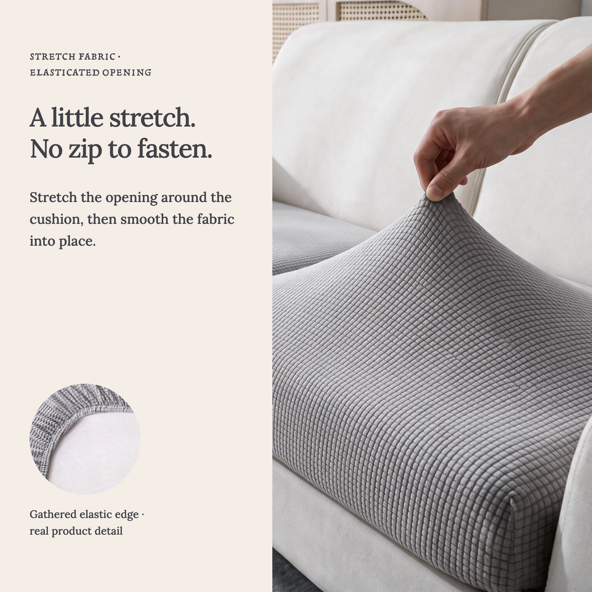 Jacquard Light Grey fitted sofa cushion covers — A little stretch. No zip to fasten.