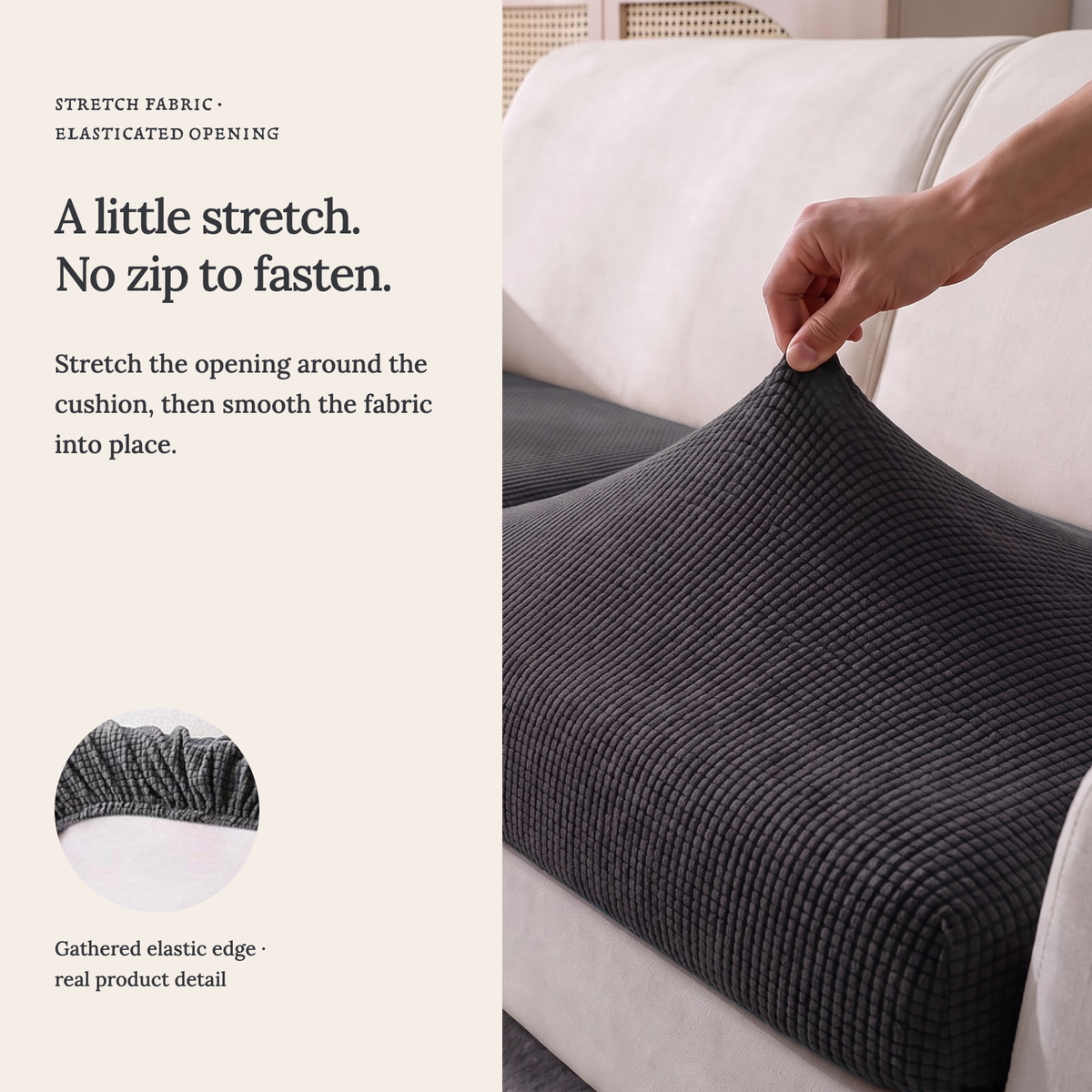 Jacquard Dark Grey fitted sofa cushion covers — A little stretch. No zip to fasten.
