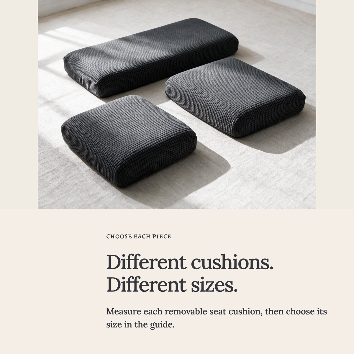 Jacquard Dark Grey fitted sofa cushion covers — Choose the right cushion size