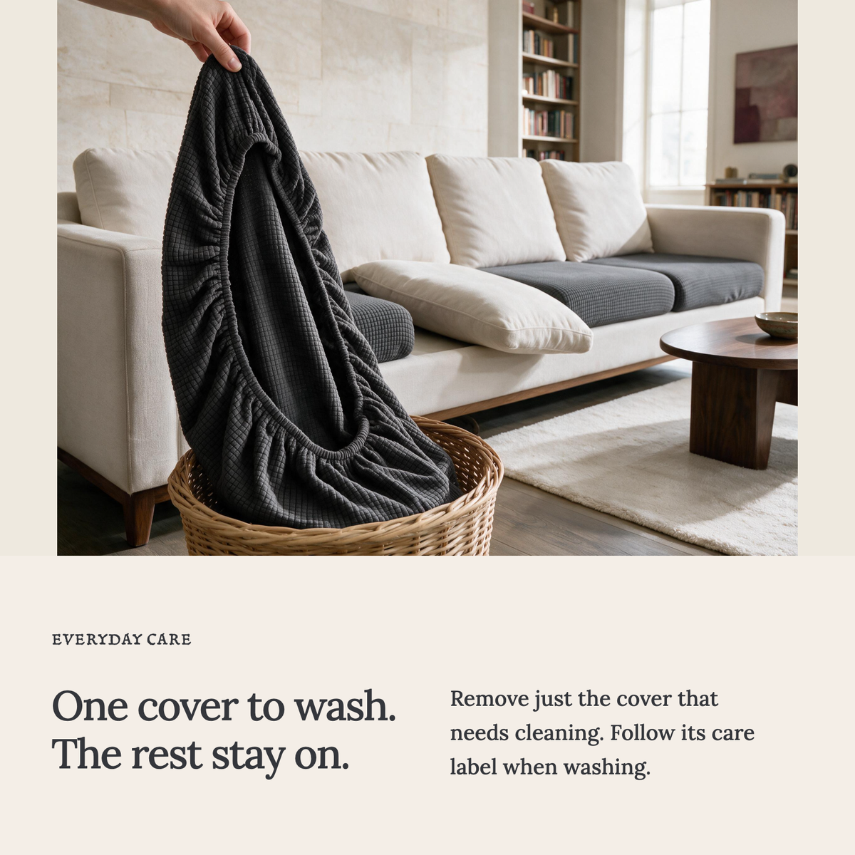 Jacquard Dark Grey fitted sofa cushion covers — One cover to wash. The rest stay on.