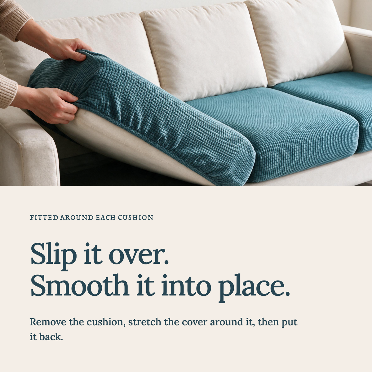Jacquard Sky Blue fitted sofa cushion covers — Slip it over. Smooth it into place.