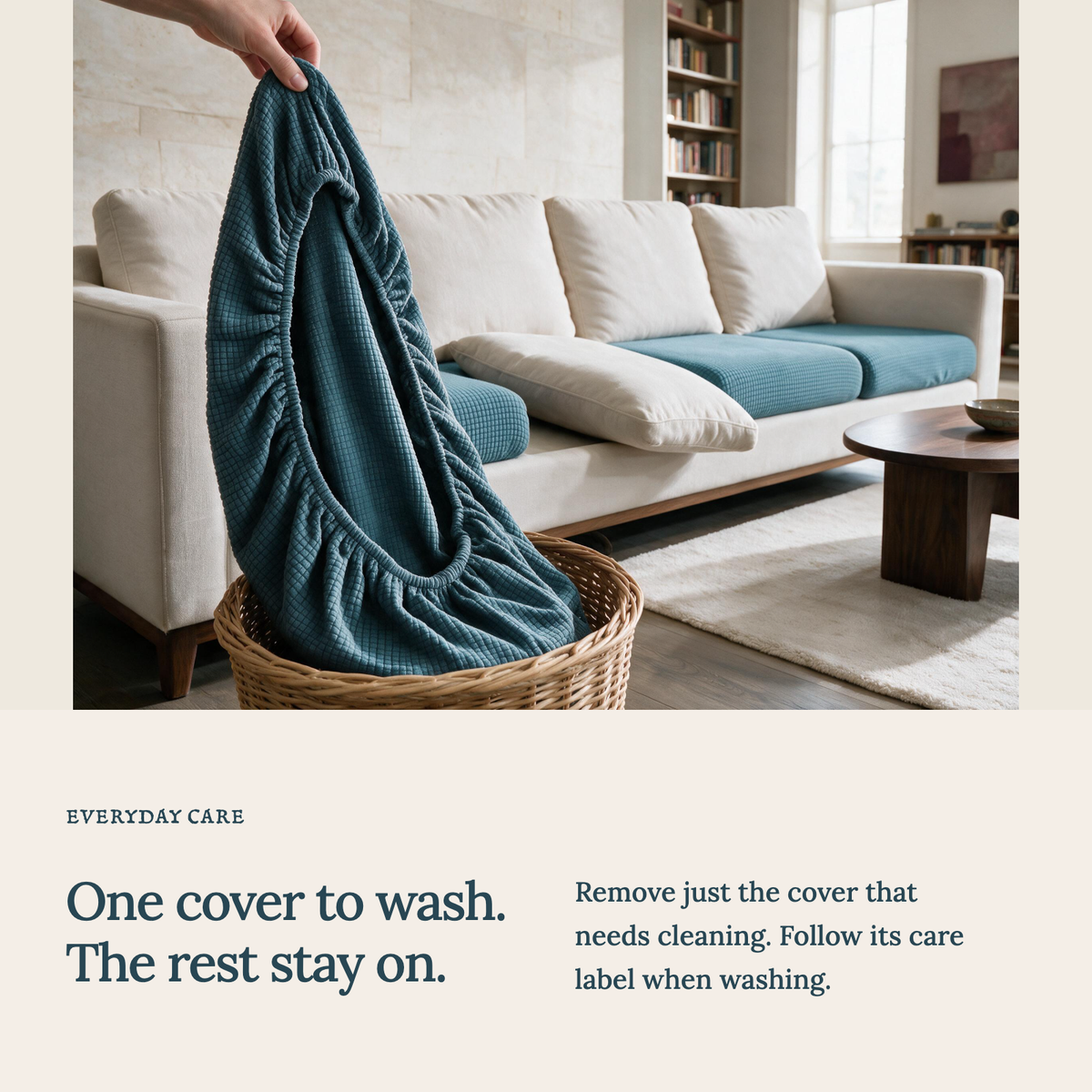 Jacquard Sky Blue fitted sofa cushion covers — One cover to wash. The rest stay on.