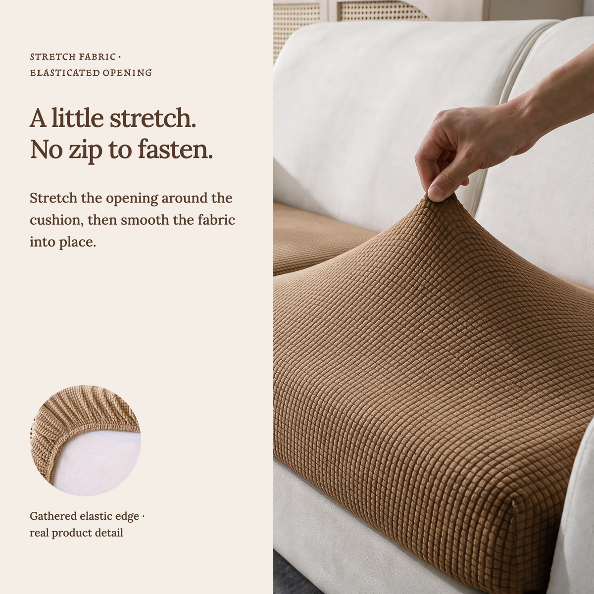 Jacquard Chestnut Brown fitted sofa cushion covers — A little stretch. No zip to fasten.