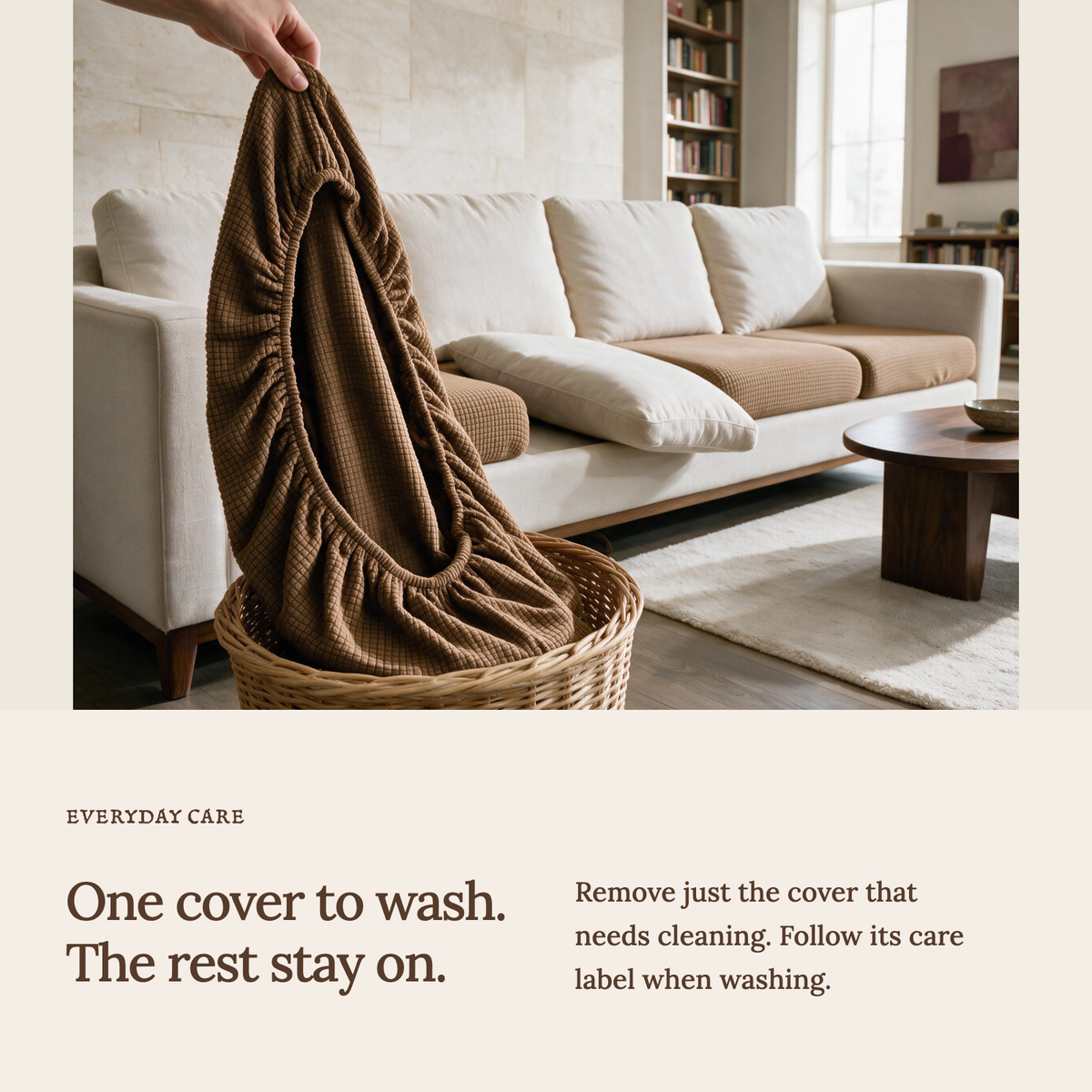 Jacquard Chestnut Brown fitted sofa cushion covers — One cover to wash. The rest stay on.