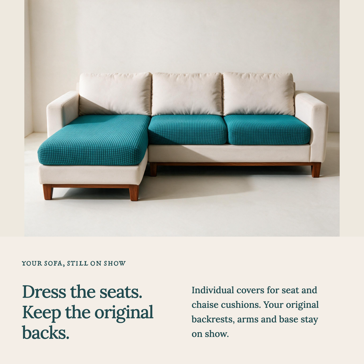 Jacquard Bondi Blue fitted sofa cushion covers — Cushion-only coverage
