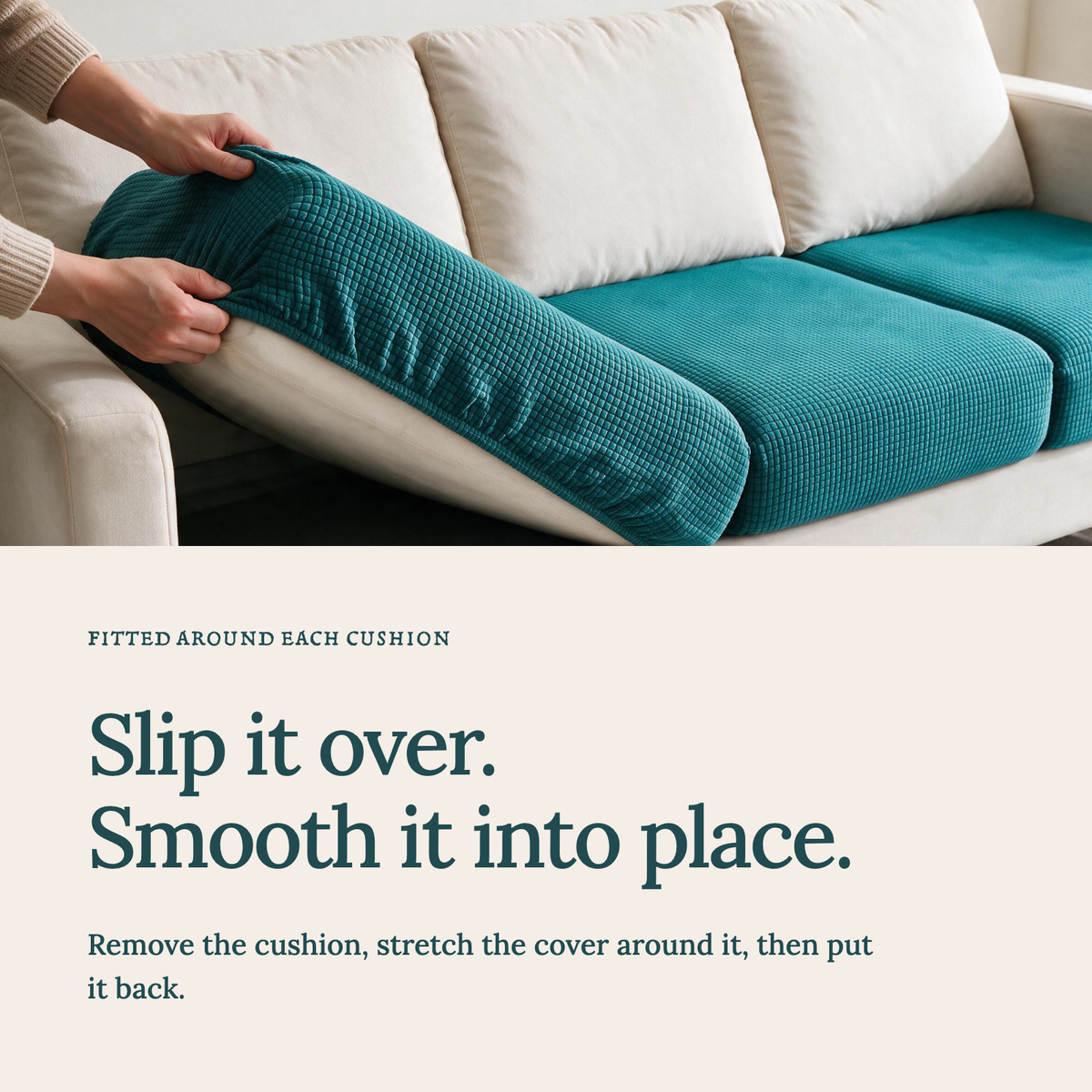 Jacquard Bondi Blue fitted sofa cushion covers — Slip it over. Smooth it into place.