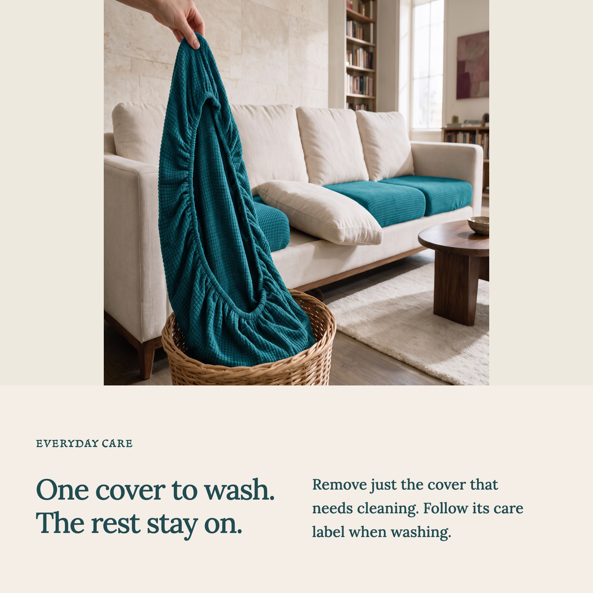 Jacquard Bondi Blue fitted sofa cushion covers — One cover to wash. The rest stay on.