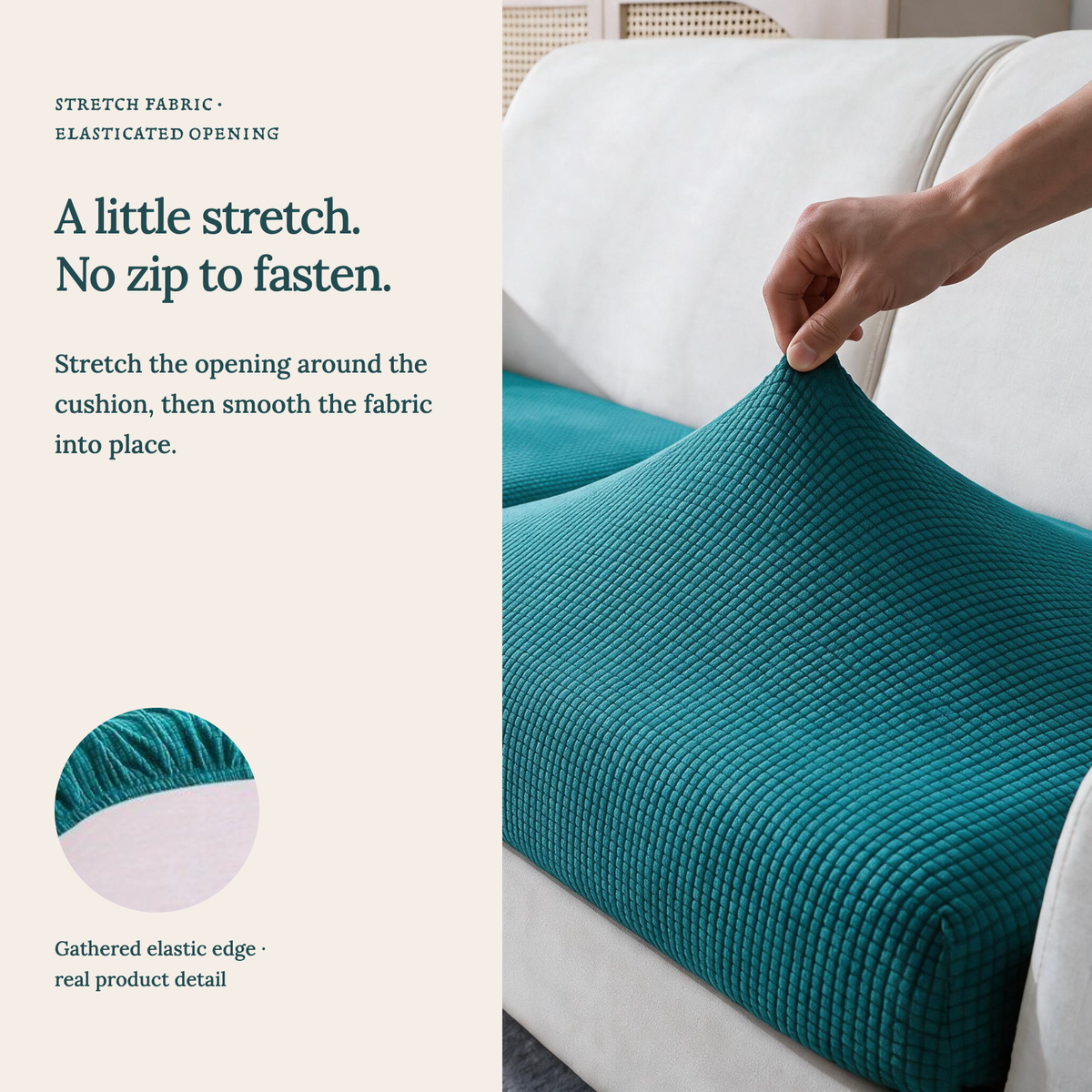 Jacquard Bondi Blue fitted sofa cushion covers — A little stretch. No zip to fasten.