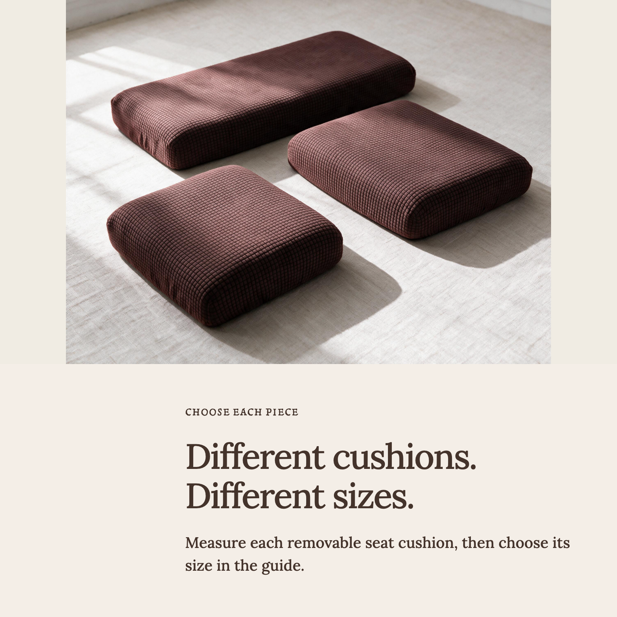 Jacquard Chocolate fitted sofa cushion covers — Choose the right cushion size