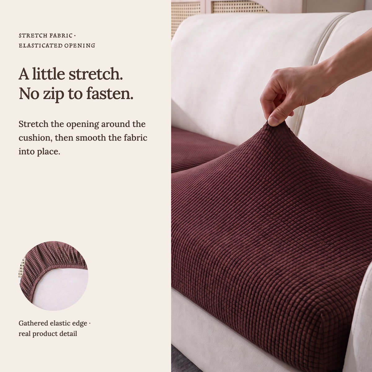 Jacquard Chocolate fitted sofa cushion covers — A little stretch. No zip to fasten.