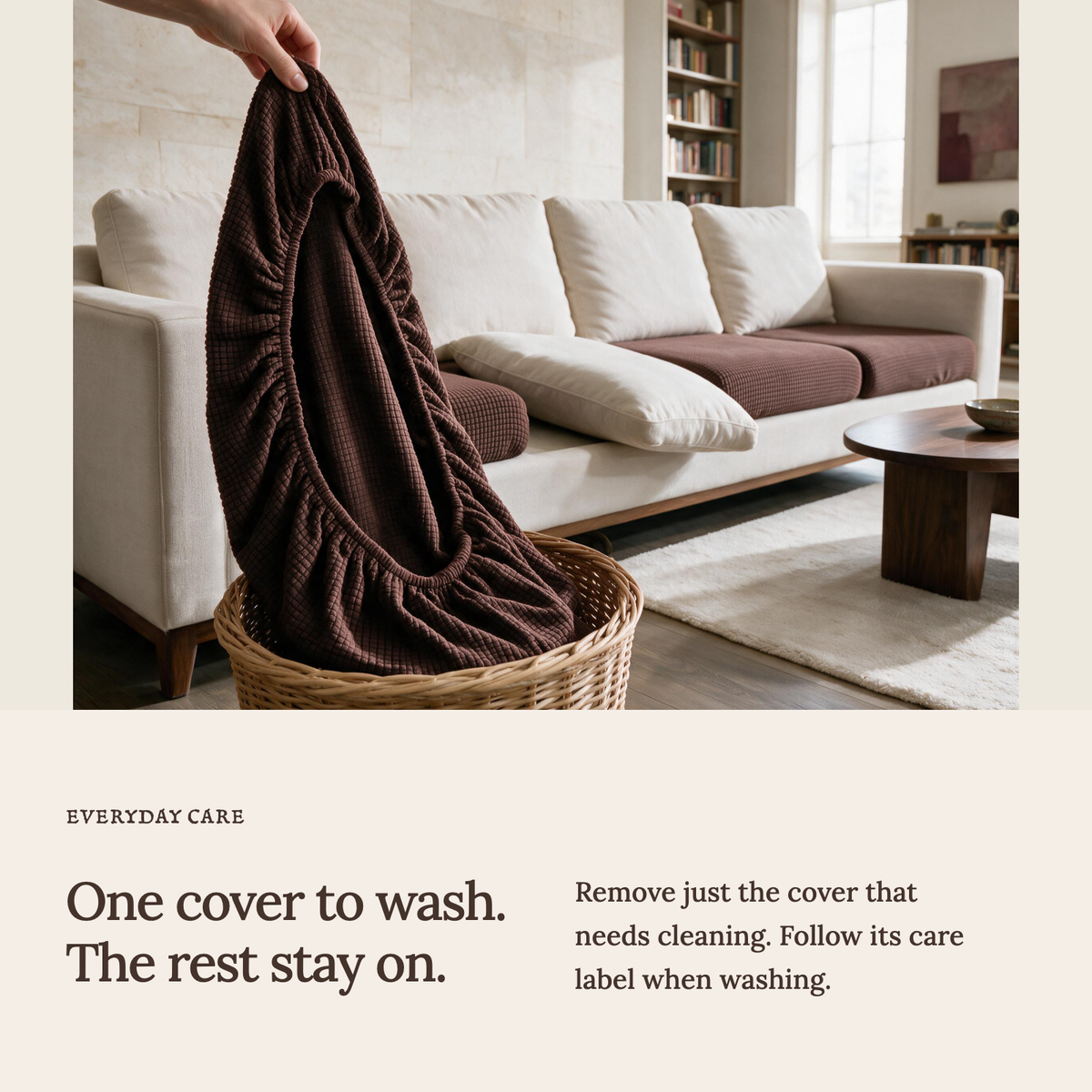 Jacquard Chocolate fitted sofa cushion covers — One cover to wash. The rest stay on.