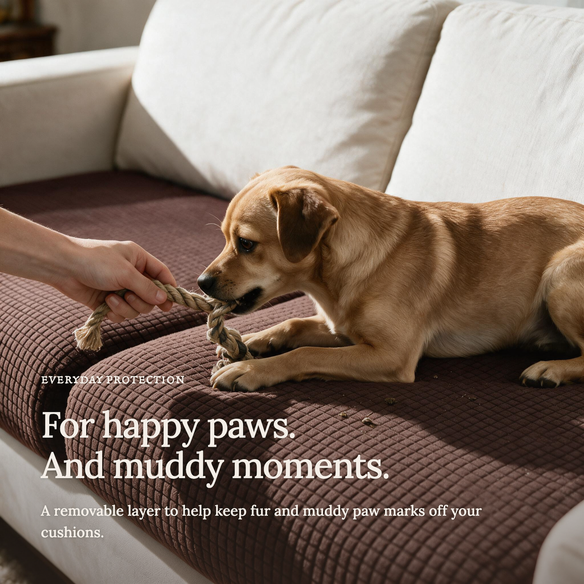 Jacquard Chocolate fitted sofa cushion covers — For happy paws.