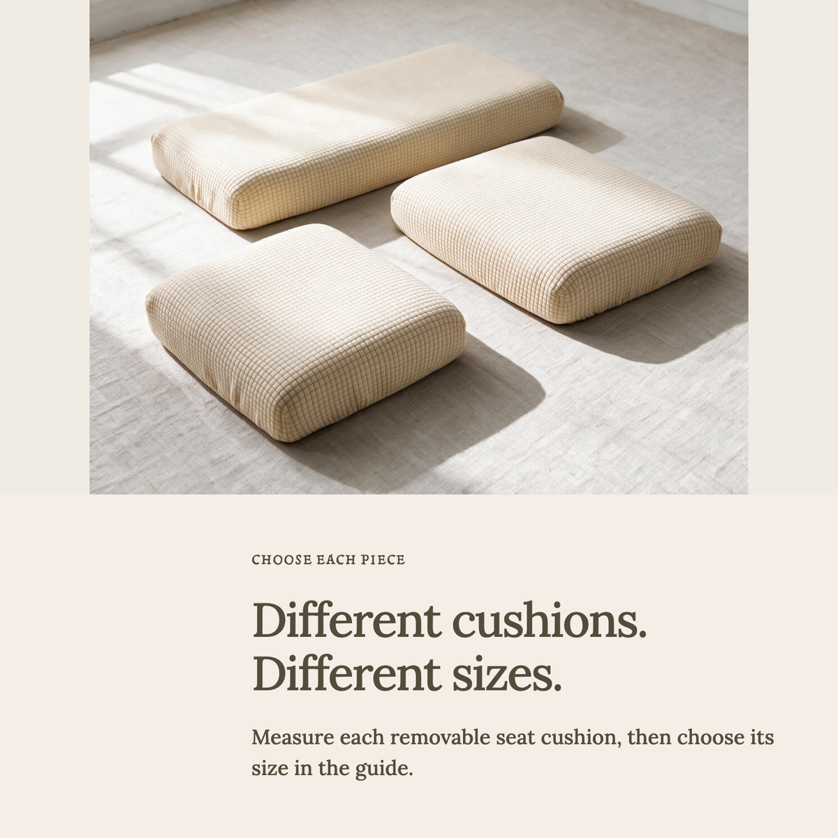 Jacquard Cream fitted sofa cushion covers — Choose the right cushion size