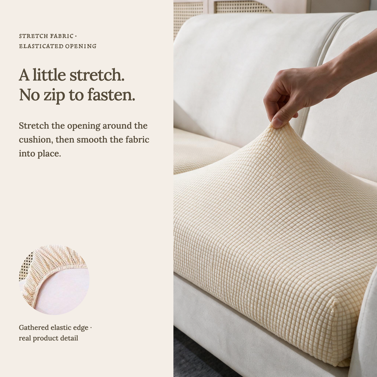 Jacquard Cream fitted sofa cushion covers — A little stretch. No zip to fasten.