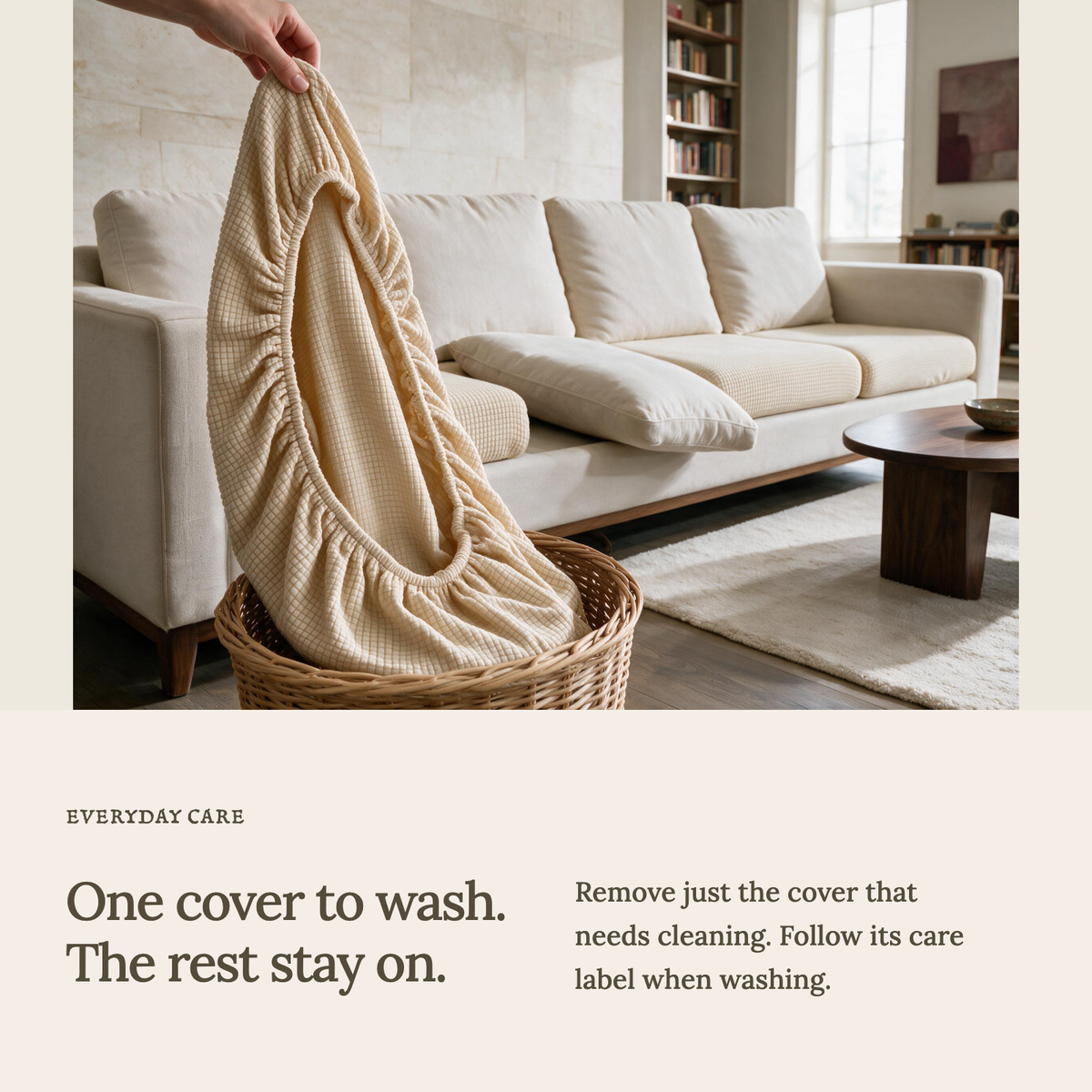 Jacquard Cream fitted sofa cushion covers — One cover to wash. The rest stay on.