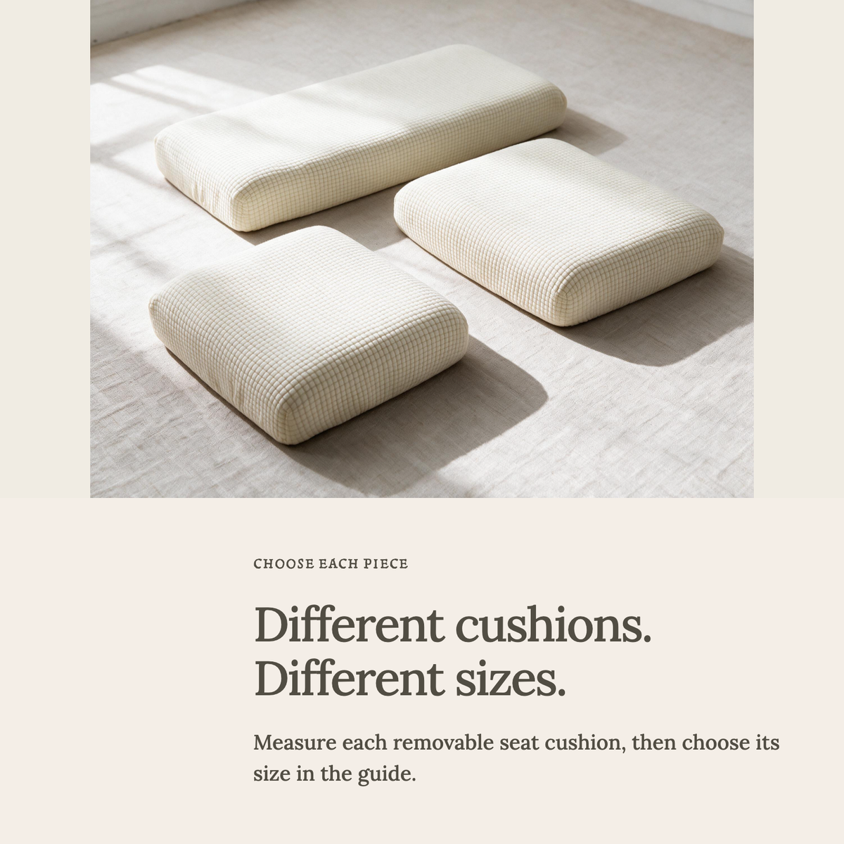 Jacquard Off-White fitted sofa cushion covers — Choose the right cushion size