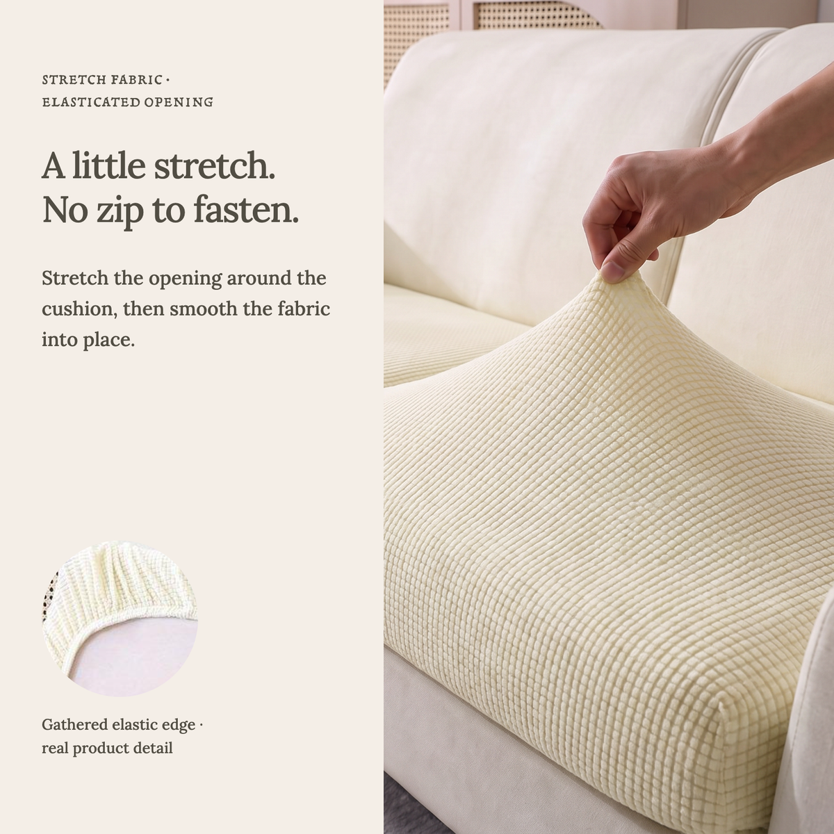 Jacquard Off-White fitted sofa cushion covers — A little stretch. No zip to fasten.