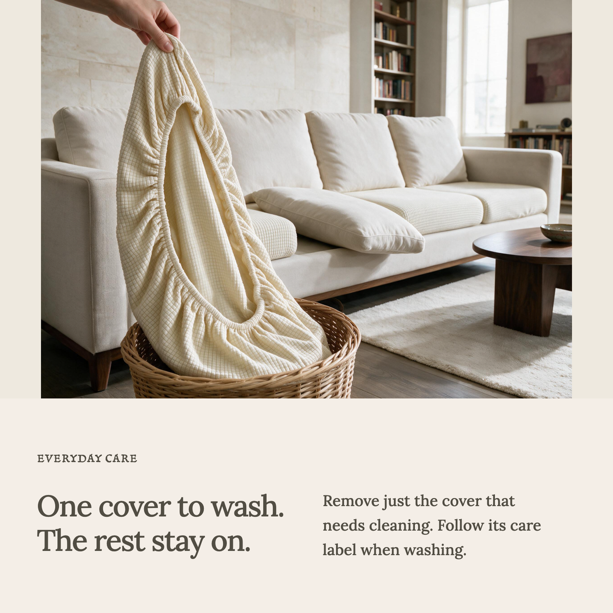 Jacquard Off-White fitted sofa cushion covers — One cover to wash. The rest stay on.