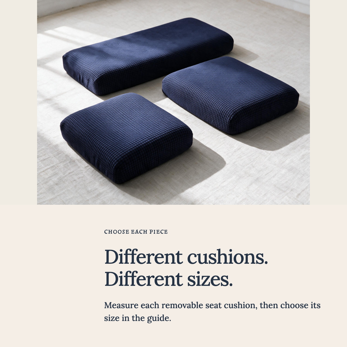 Jacquard Navy Blue fitted sofa cushion covers — Choose the right cushion size