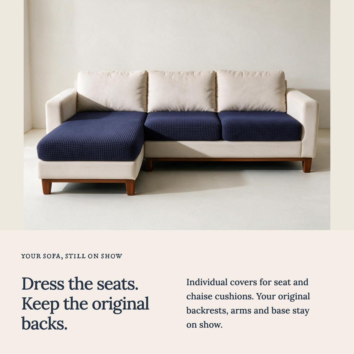 Jacquard Navy Blue fitted sofa cushion covers — Cushion-only coverage