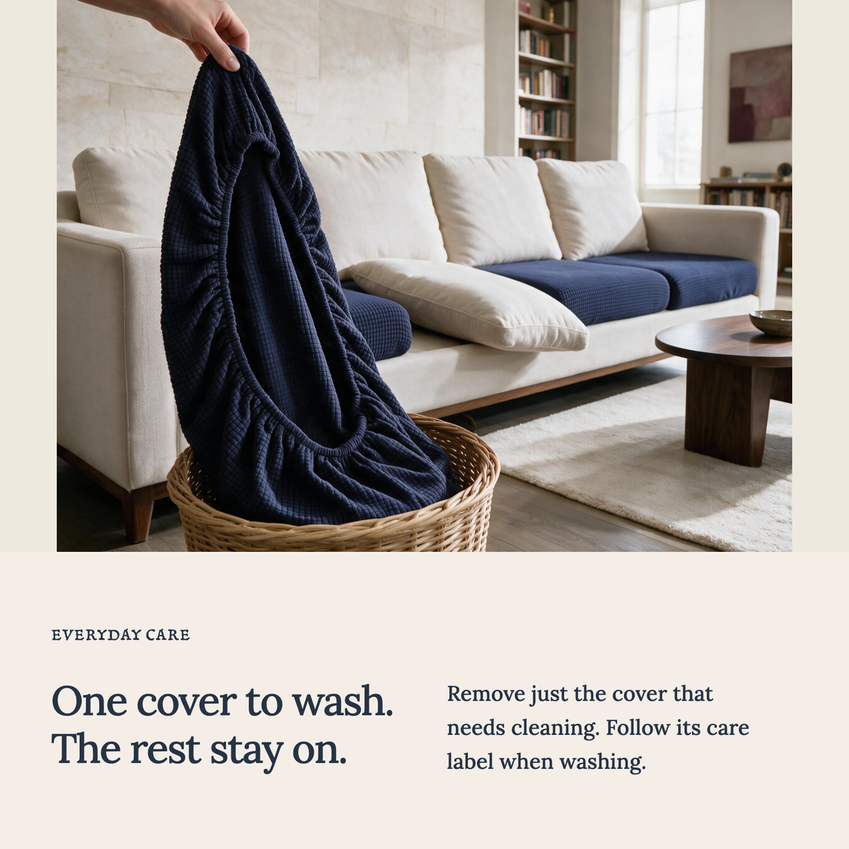 Jacquard Navy Blue fitted sofa cushion covers — One cover to wash. The rest stay on.