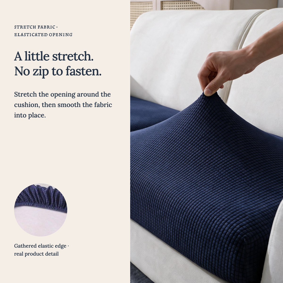 Jacquard Navy Blue fitted sofa cushion covers — A little stretch. No zip to fasten.