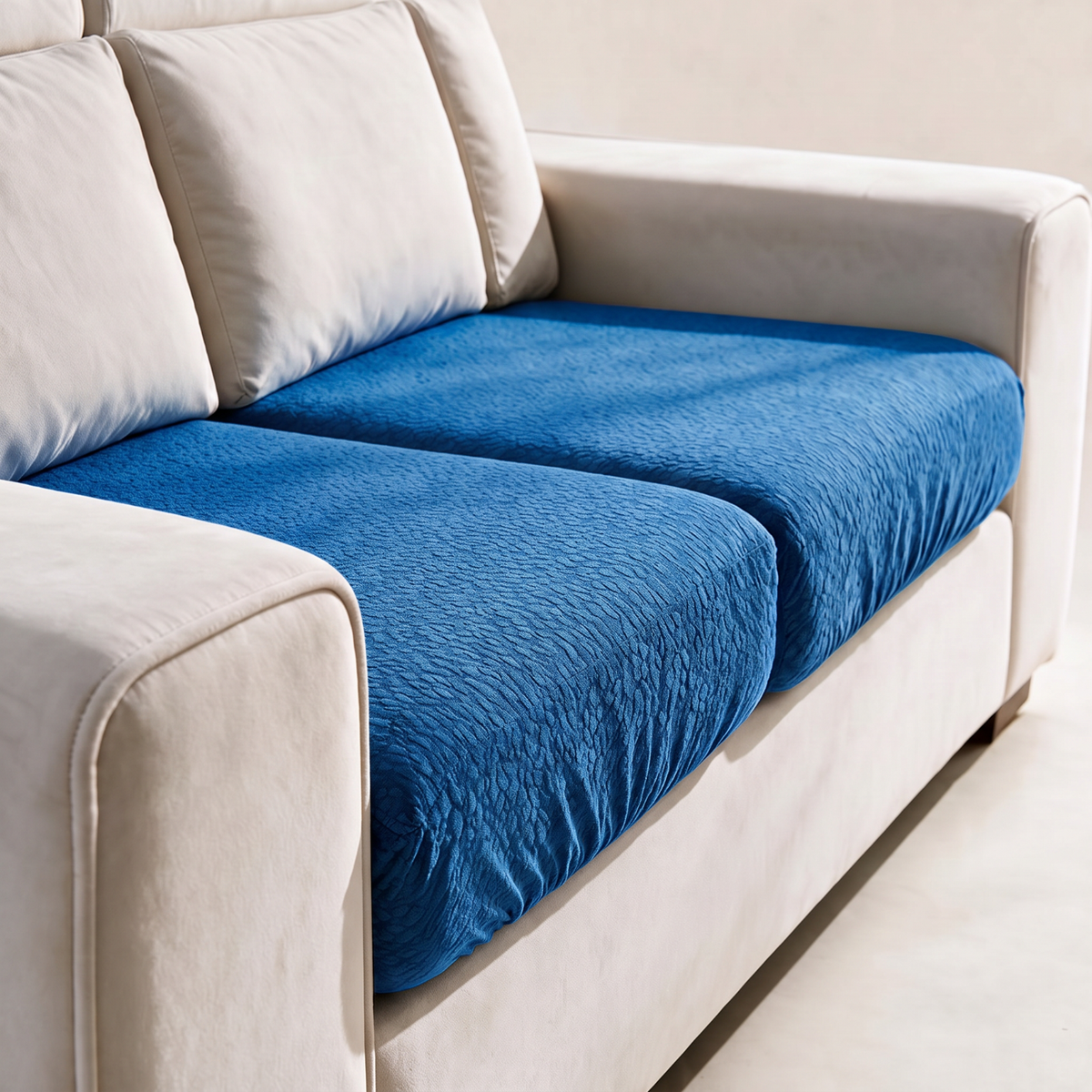 Waterproof Dark Blue fitted sofa cushion covers — A textured, fitted finish