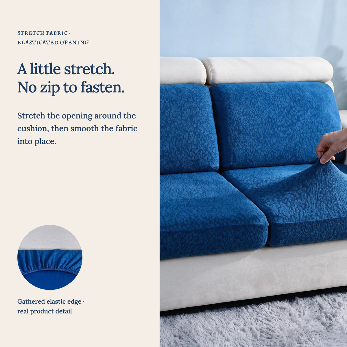 Waterproof Dark Blue fitted sofa cushion covers — A little stretch. No zip to fasten.