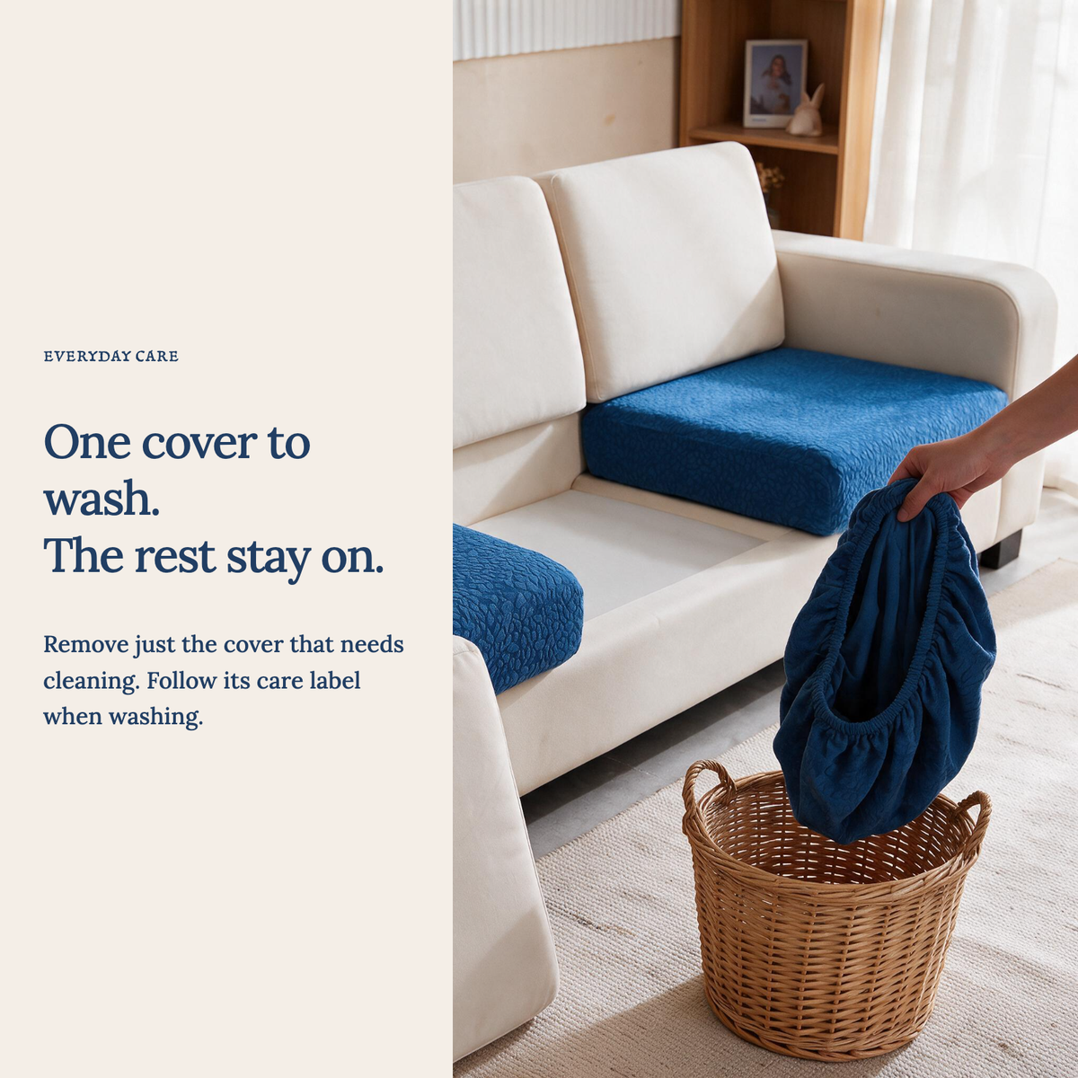 Waterproof Dark Blue fitted sofa cushion covers — One cover to wash. The rest stay on.