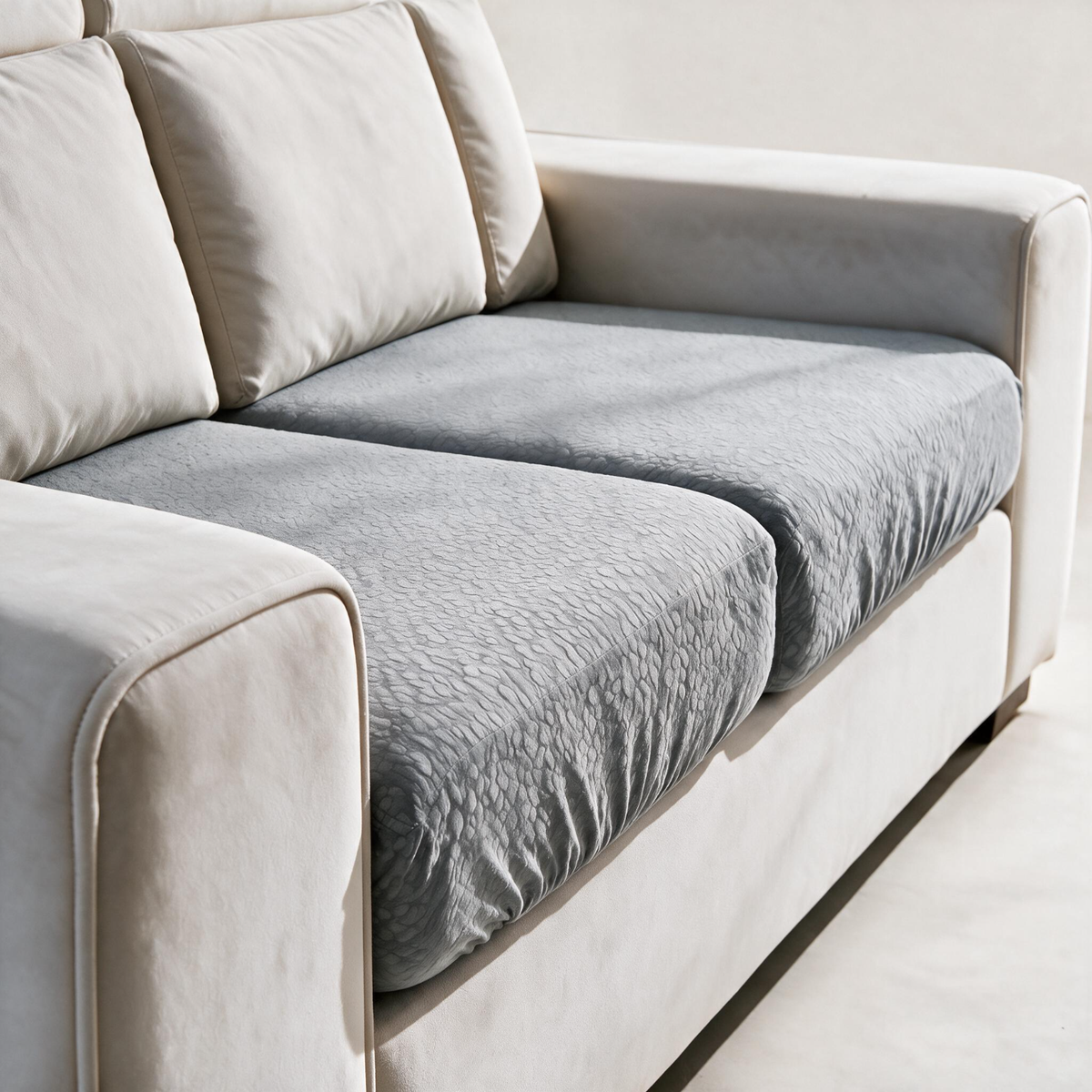 Waterproof Light Grey fitted sofa cushion covers — A textured, fitted finish