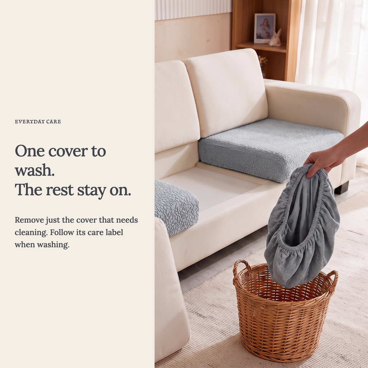 Waterproof Light Grey fitted sofa cushion covers — One cover to wash. The rest stay on.